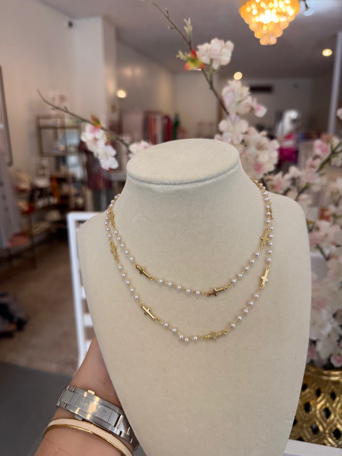 Pearls And Crosses Necklace