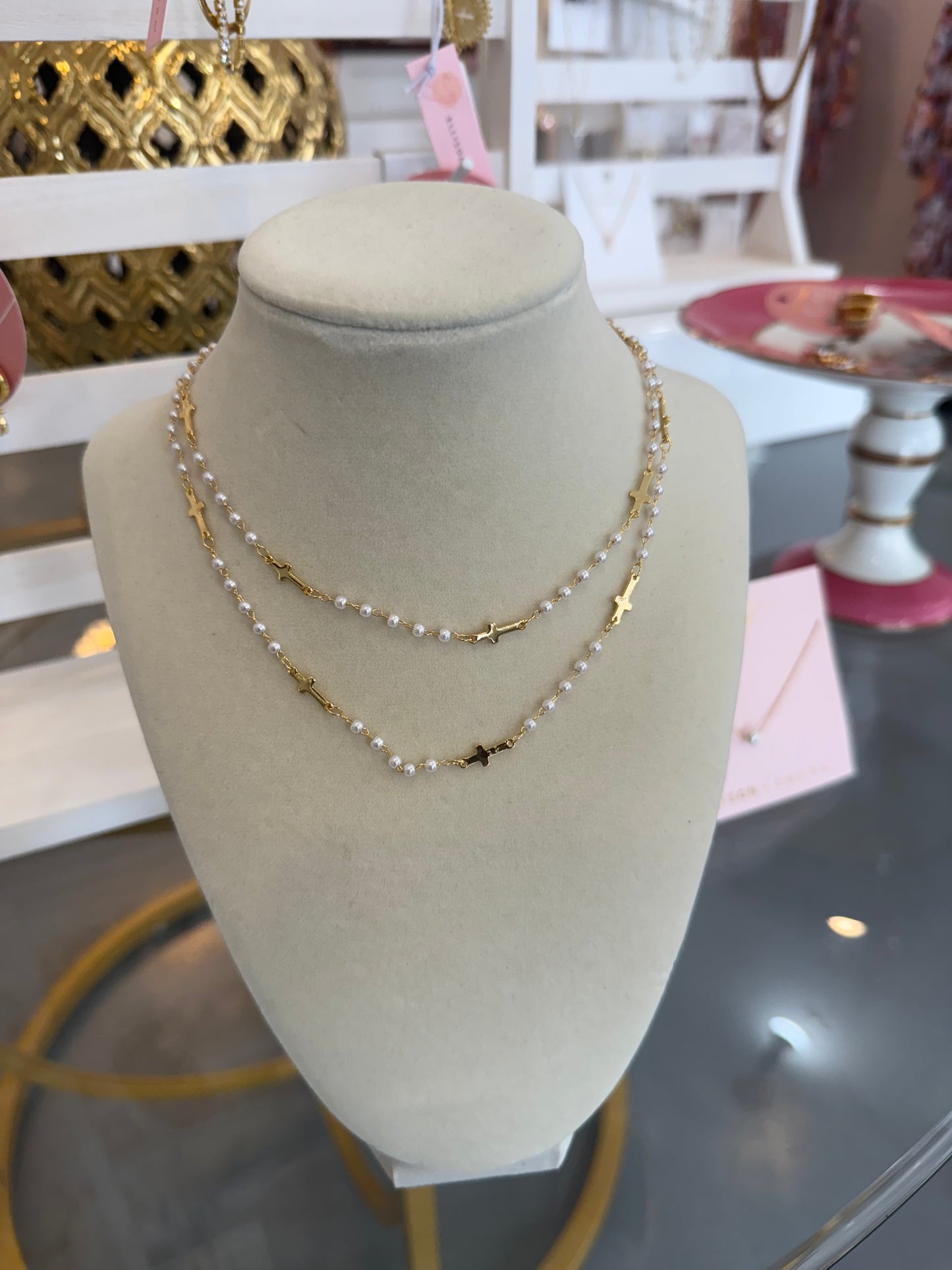 Pearls And Crosses Necklace